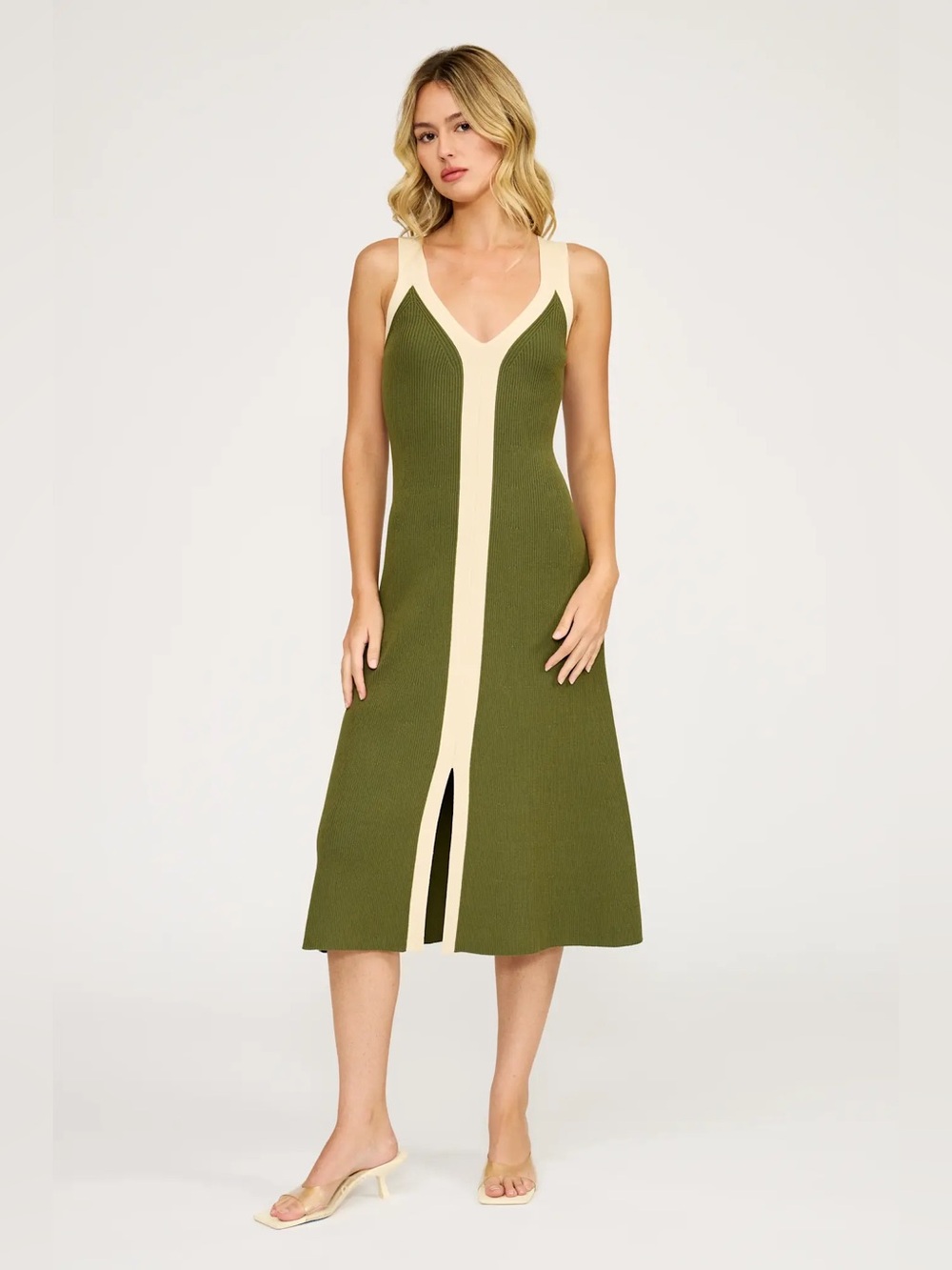 NEW LUCY PARIS Annalise Midi Dress Olive Green Ribbed Size Large